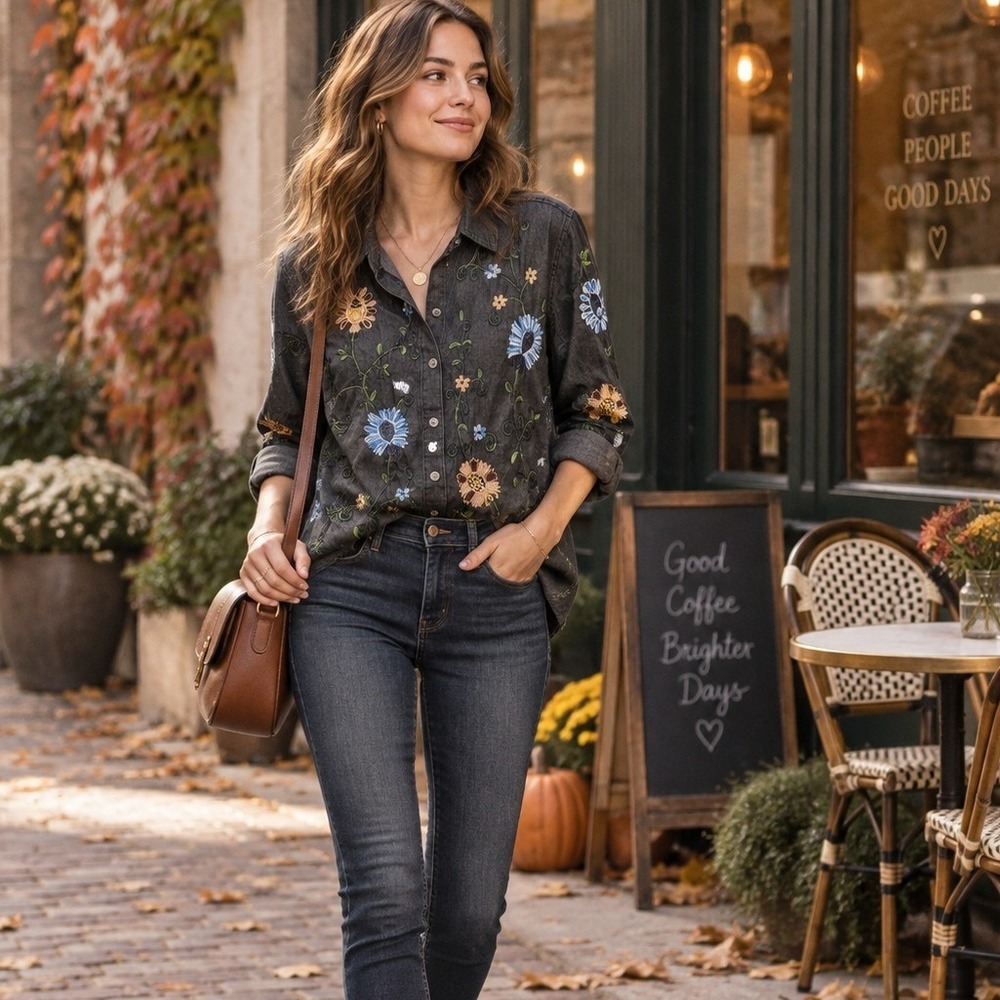 Liz & Me Womens 3X Denim Shirt Embroidered 100% Cotton Button Down Dark Wash
